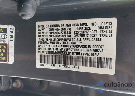 2012 Honda Cr-V Ex z USA, uszkodzony, nr VIN 5J6RM4H55CL010765